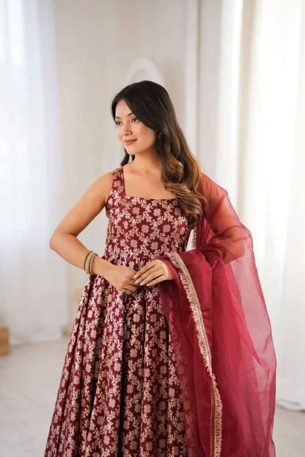 Sunshine Maroon Jacquard Anarkali Suit Set with Dupatta