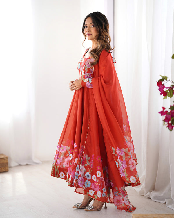 Nitara Orange Floral Print with Handwork Organza Anarkali