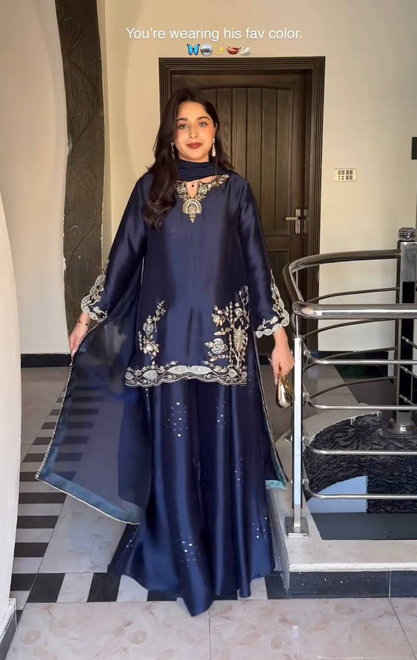 Crispy Blue Fancy Embroidered Suit Set