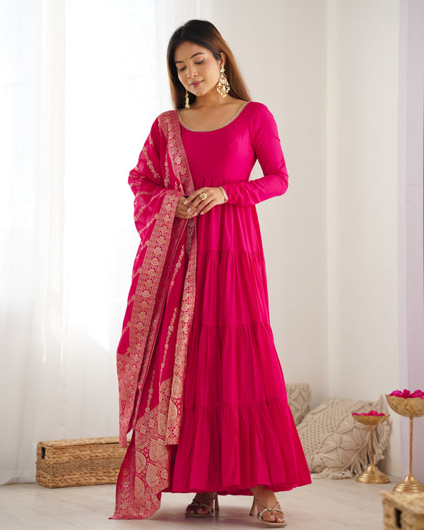 Burgundy Pink Pure Soft Roman Silk Kalamkari Anarkali Gown