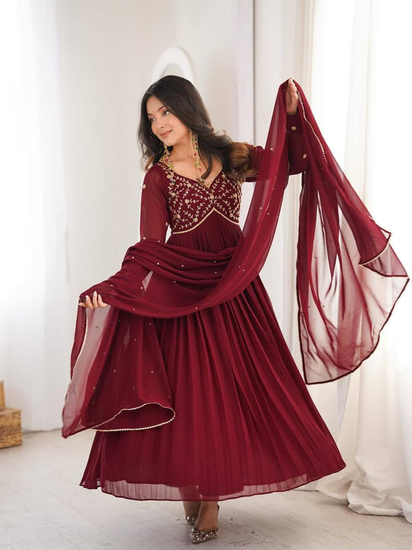 Wine Red Embroidered Anarkali Suit Set with Dupatta