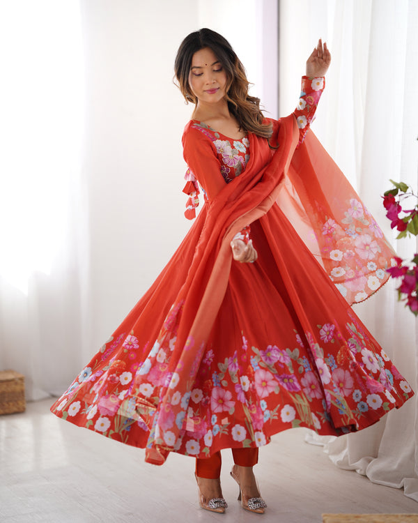 Nitara Orange Floral Print with Handwork Organza Anarkali