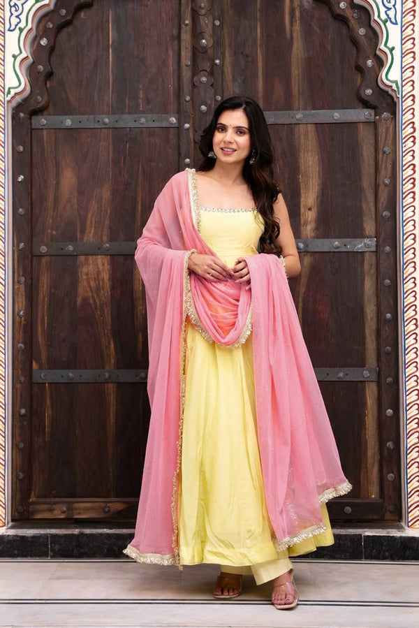 Yellow Anarkali Suit Set with Pink Dupatta Festive & Wedding Wear