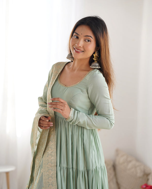 Burgundy Pista Pure Soft Roman Silk Kalamkari Anarkali Gown