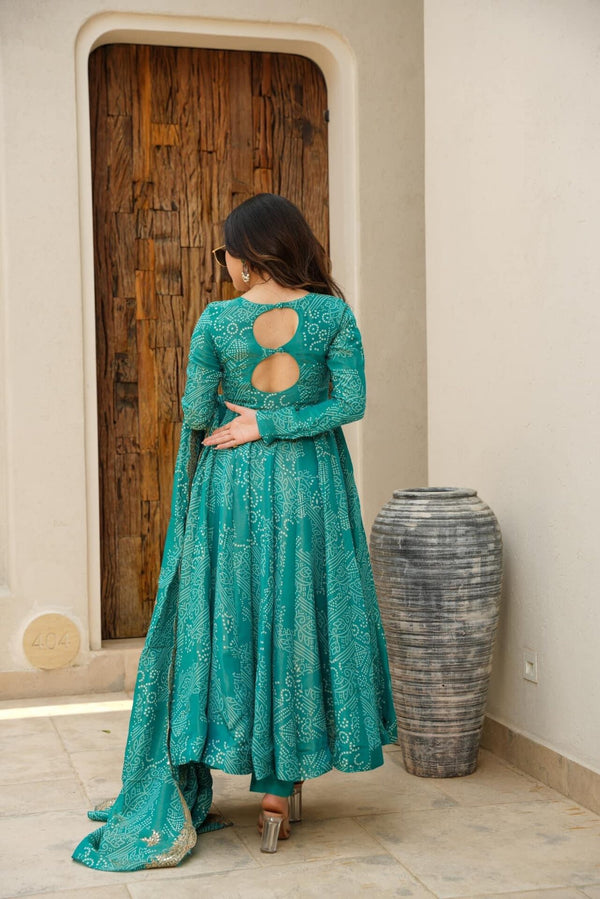 Green Bandhej Maslin Anarkali Suit Set