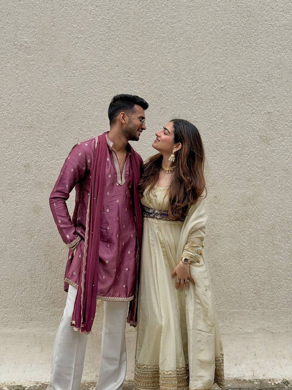 Nivya Off White Designer Embroidered Koti With Suit Set