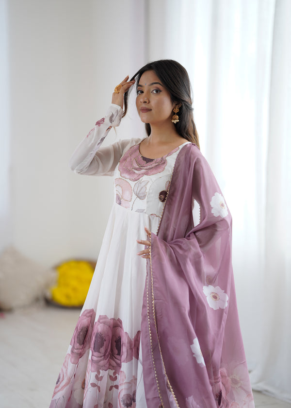 Goldy Flowers Onion Pink Organza Silk Anarkali Gown