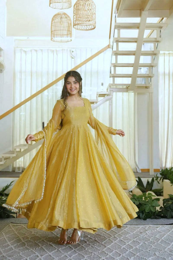 Mustard Yellow Flared Anarkali Suit with Embellished Dupatta