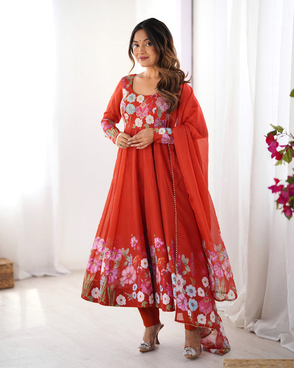 Nitara Orange Floral Print with Handwork Organza Anarkali