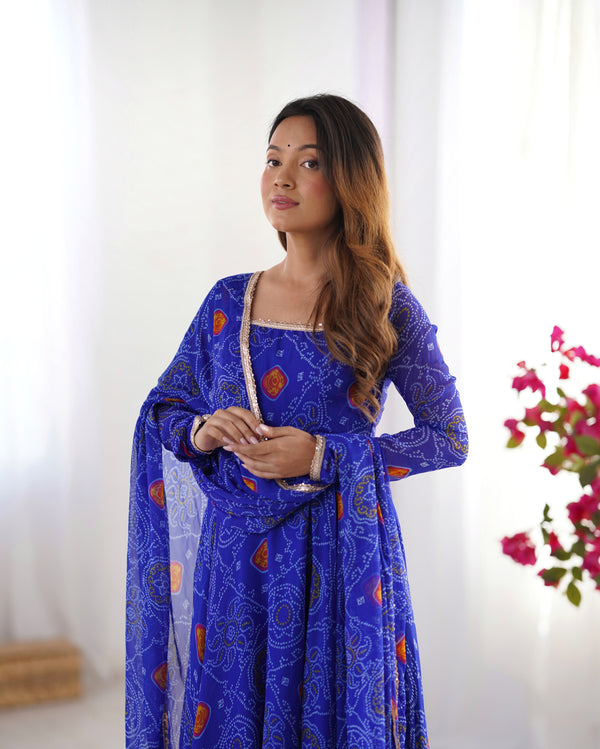 Bandhej Blue Soft Chiffon Forest Designer Anarkali Gown