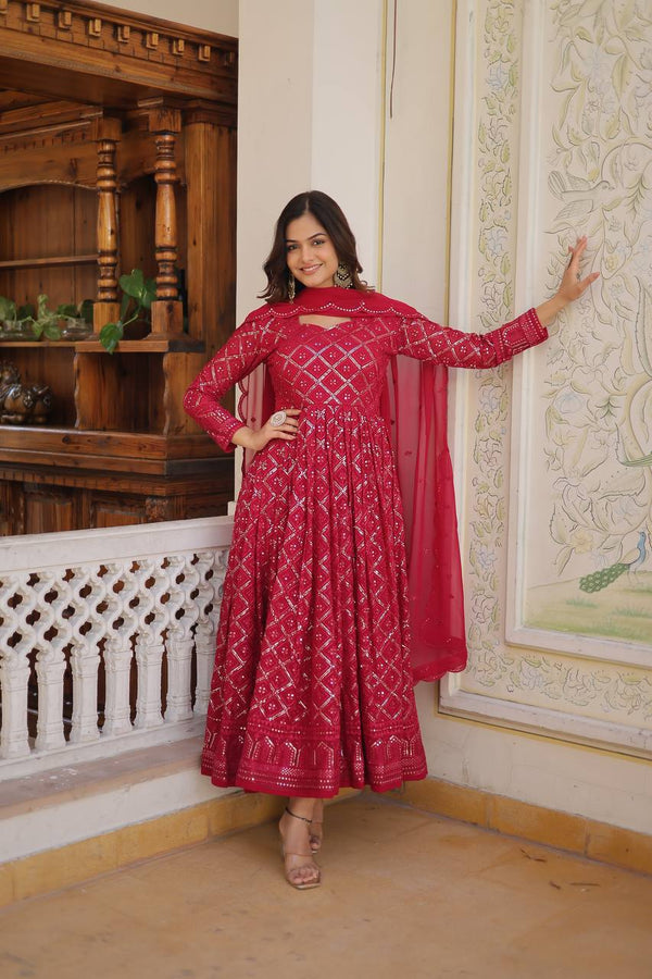 Rani Pink & Wine Embroidered Georgette Anarkali Suit Set