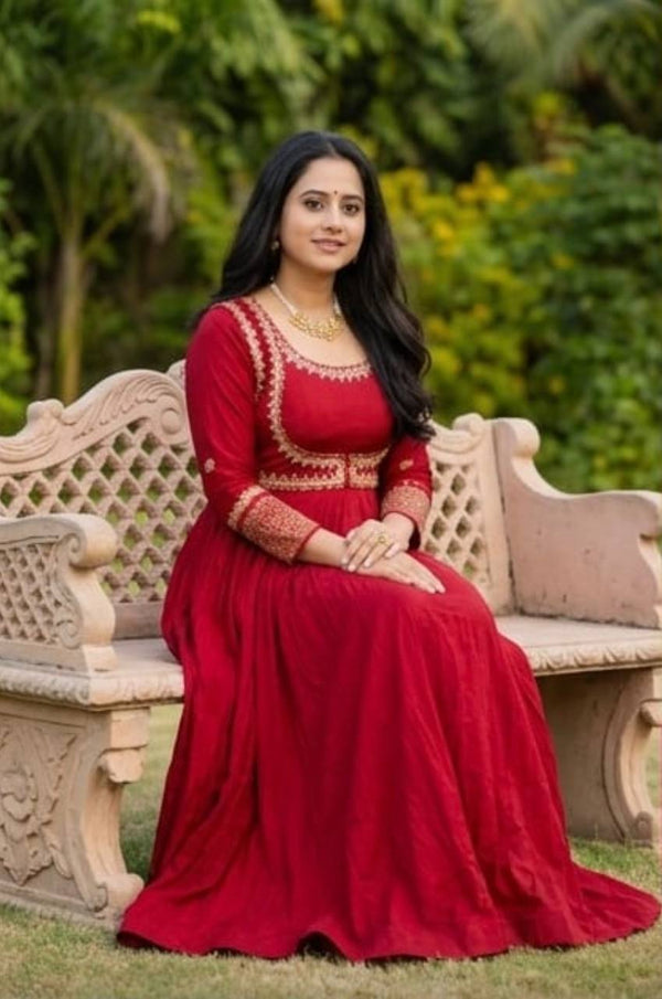 Classic Red Ethnic Anarkali Dress with Embroidery Work