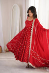 Women's Red Flared Anarkali Suit Set with Embroidered Dupatta