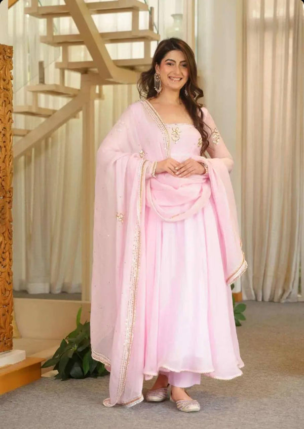 Nisha Baby Pink Embroidered Anarkali Suit Set with Dupatta