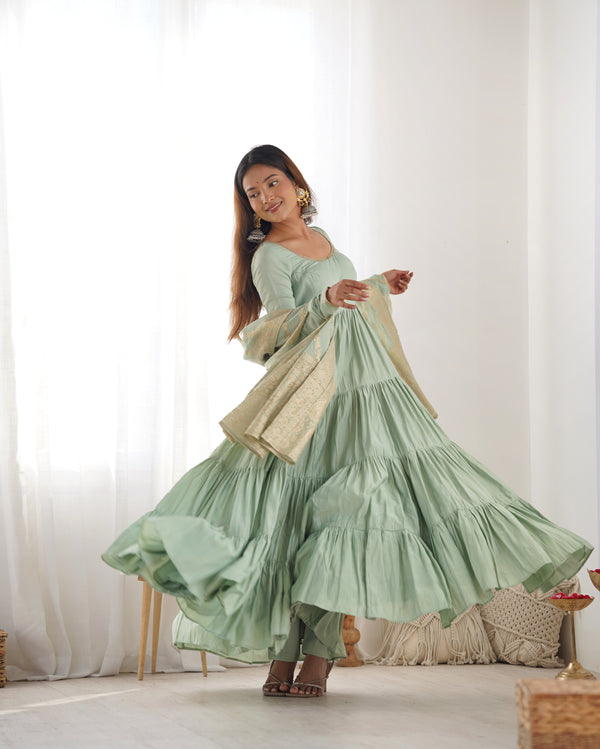 Burgundy Pista Pure Soft Roman Silk Kalamkari Anarkali Gown