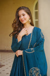 Designer Peacock Teal Embroidered Anarkali Kurta Palazzo Set