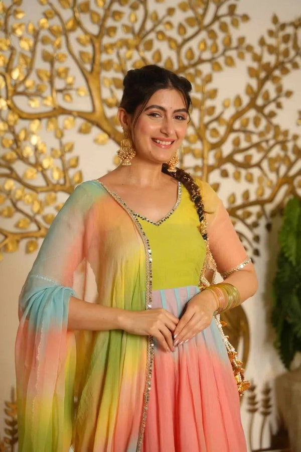 Pastel Green & Peach Flared Anarkali Suit Set with Dupatta