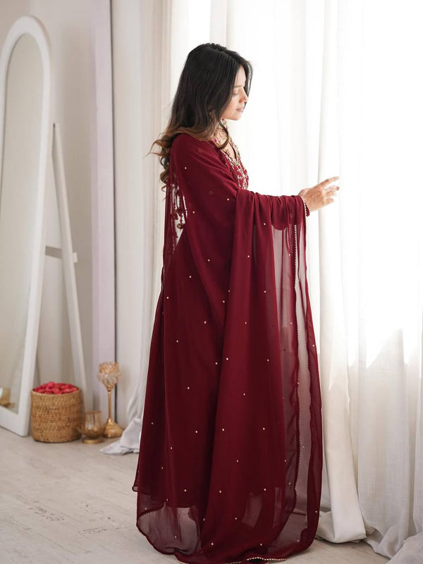 Wine Red Embroidered Anarkali Suit Set with Dupatta