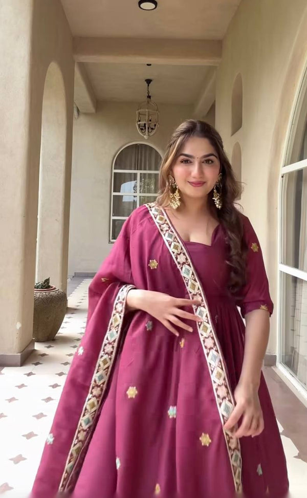 Meera Wine Embroidered Anarkali Suit Set with Dupatta