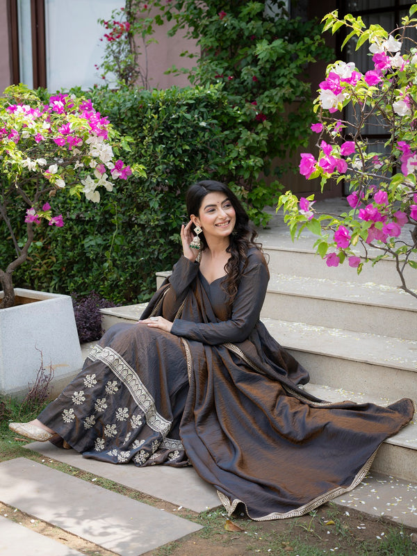 Elegant Charcoal Embroidered Anarkali Suit Set with Dupatta