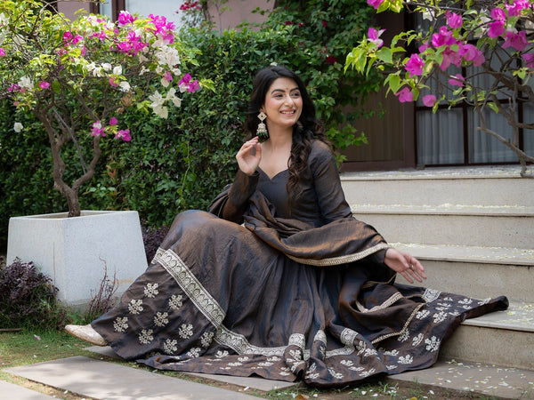 Elegant Charcoal Embroidered Anarkali Suit Set with Dupatta