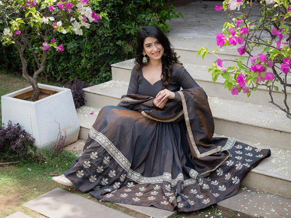 Elegant Charcoal Embroidered Anarkali Suit Set with Dupatta