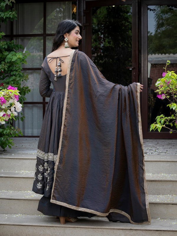 Elegant Charcoal Embroidered Anarkali Suit Set with Dupatta