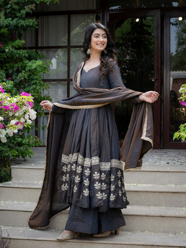 Elegant Charcoal Embroidered Anarkali Suit Set with Dupatta