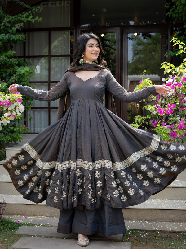 Elegant Charcoal Embroidered Anarkali Suit Set with Dupatta