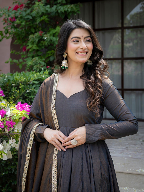 Elegant Charcoal Embroidered Anarkali Suit Set with Dupatta