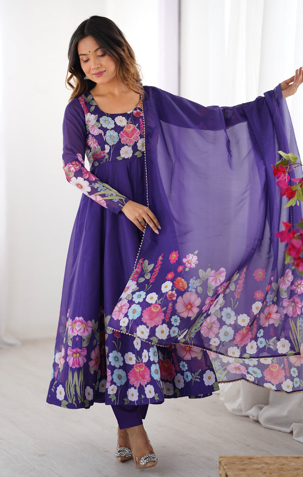 Nitara Blue Floral Print with Handwork Organza Anarkali