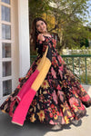 Black Floral Printed Anarkali Suit Set with Pink Dupatta