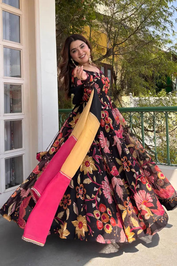 Black Floral Printed Anarkali Suit Set with Pink Dupatta