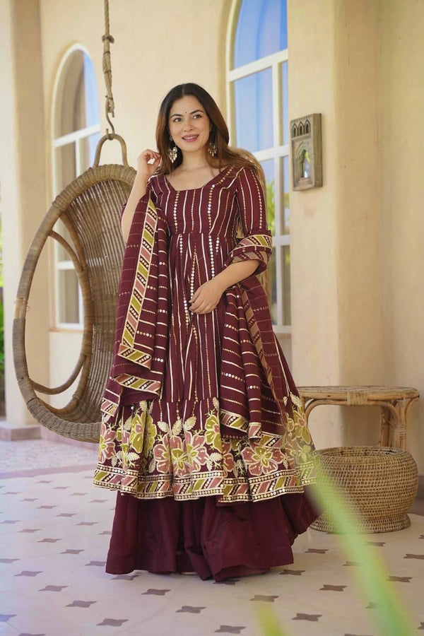 Diya Wine Floral Embroidered Anarkali Suit Set with Dupatta