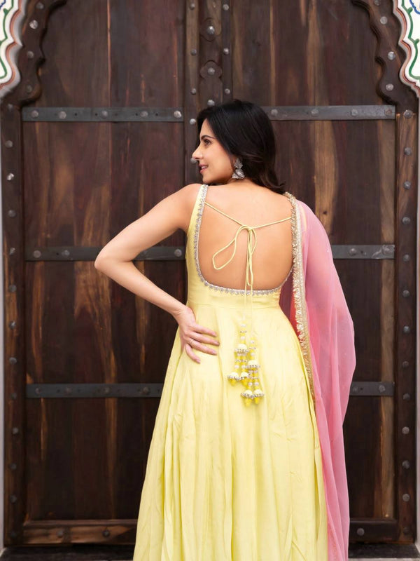 Yellow Anarkali Suit Set with Pink Dupatta Festive & Wedding Wear