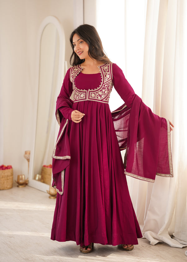 Wine Maroon Embroidered Flared Anarkali Suit Set with Dupatta