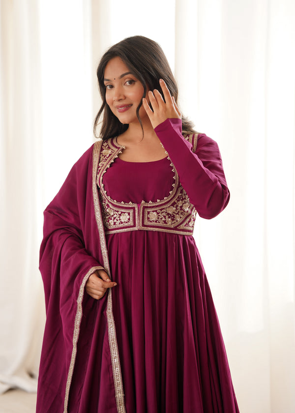 Wine Maroon Embroidered Flared Anarkali Suit Set with Dupatta