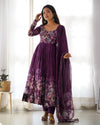 Sakura Printed Pure Soft Organza Jade Wine Anarkali Gown
