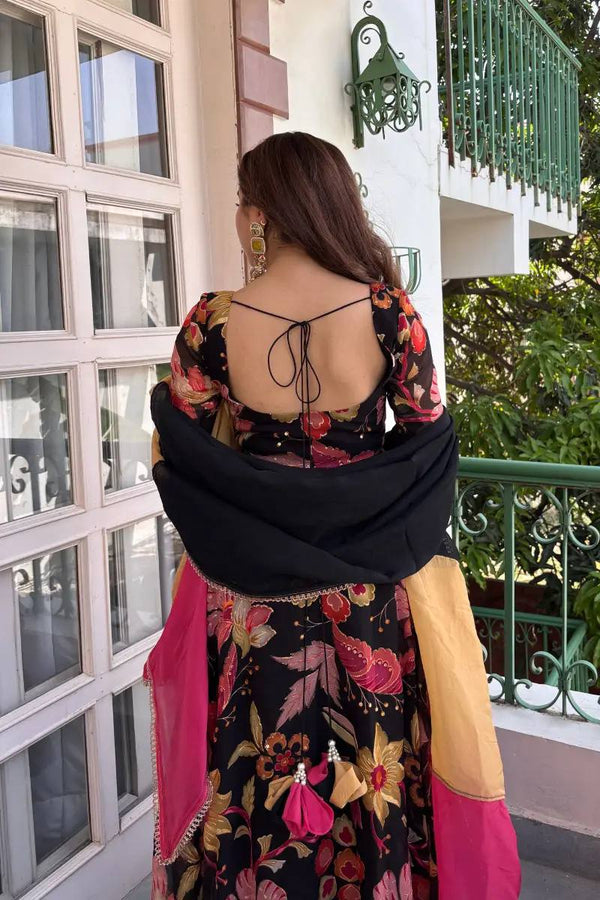 Black Floral Printed Anarkali Suit Set with Pink Dupatta
