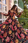 Black Floral Printed Anarkali Suit Set with Pink Dupatta