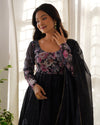 Sakura Printed Pure Soft Organza Jade Black Anarkali Gown