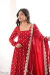 Women's Red Flared Anarkali Suit Set with Embroidered Dupatta