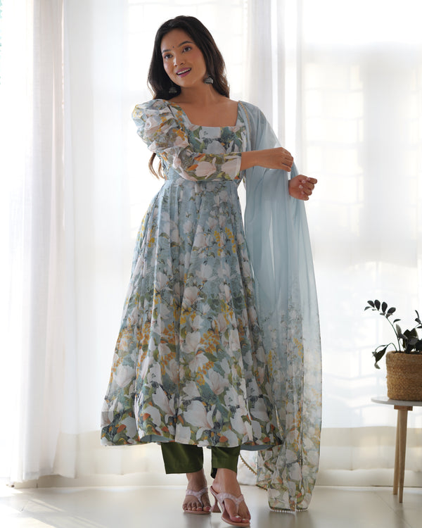 White & Sea Printed Organza Anarkali Gown