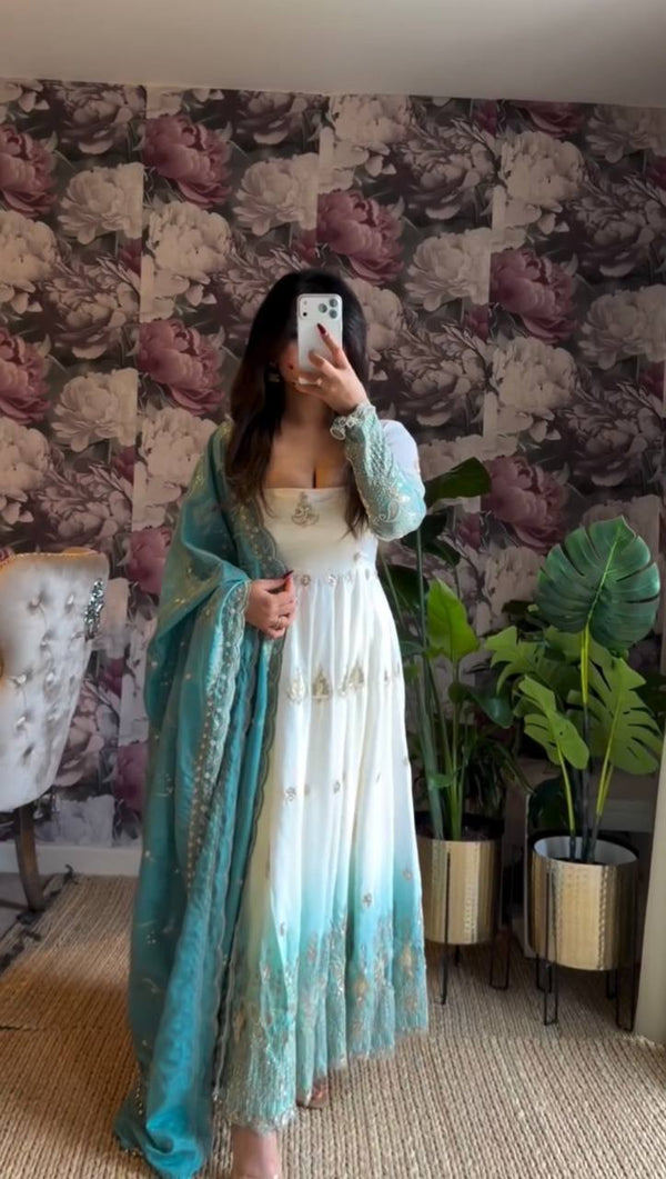 Yavira Aqua Drape Anarkali Suit Set