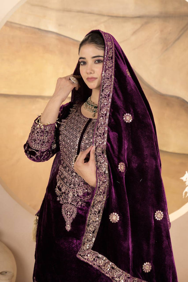Purple Velvet Anarkali Suit Set with Dupatta