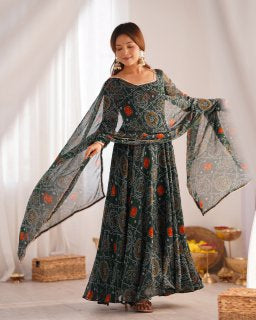 Bandhej Green Soft Chiffon Forest Designer Anarkali Gown