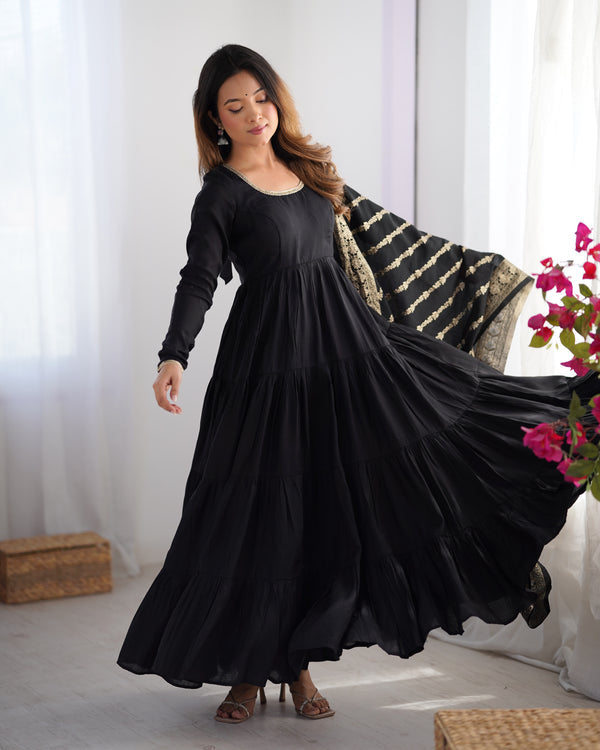 Burgundy Black Pure Soft Roman Silk Kalamkari Anarkali Gown