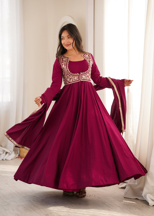Wine Maroon Embroidered Flared Anarkali Suit Set with Dupatta