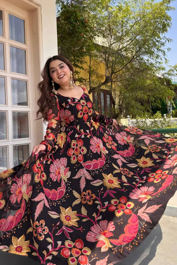 Black Floral Printed Anarkali Suit Set with Pink Dupatta