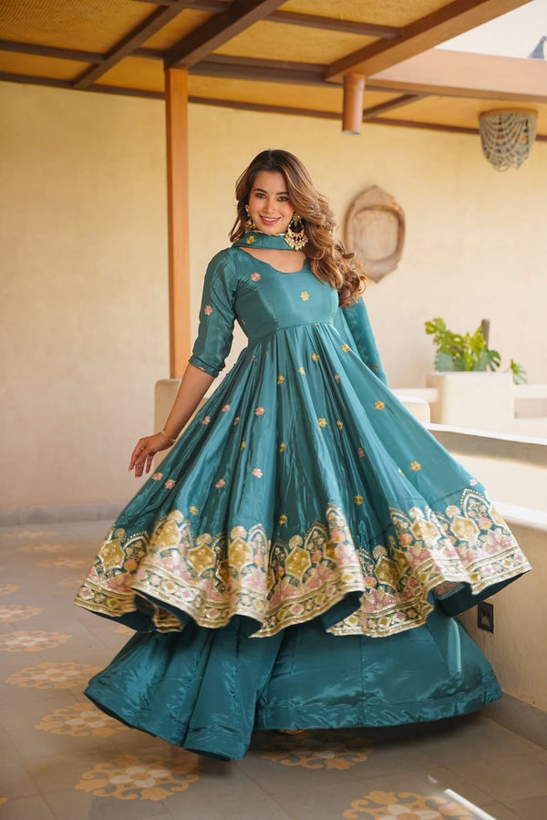 Meera Teal Green Embroidered Anarkali Suit Set with Dupatta